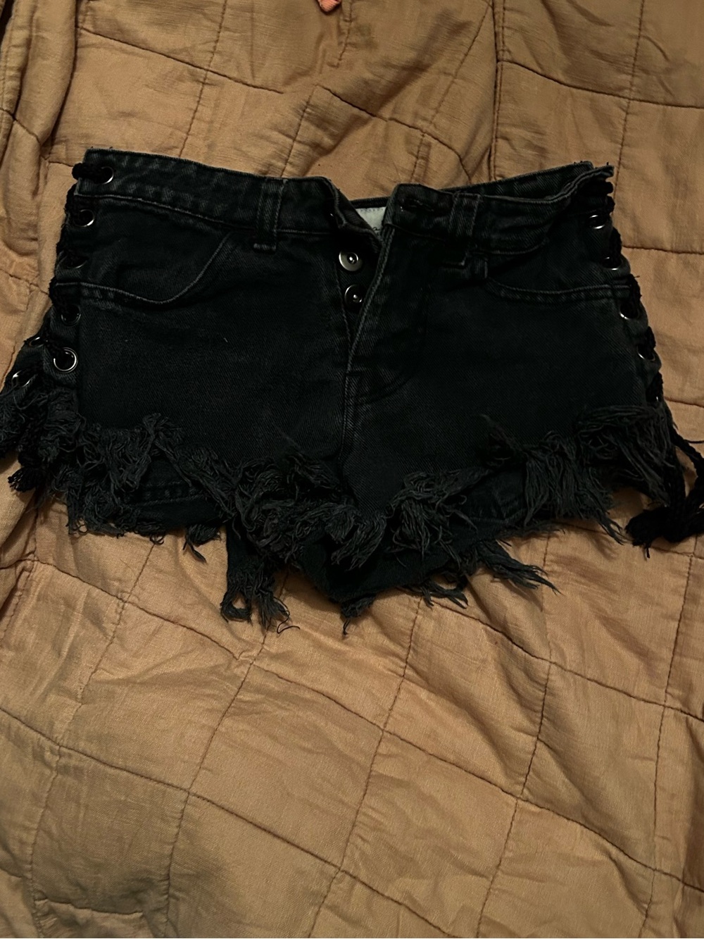 Vintage Havana Black Distressed Lace-Up Denim Shorts
